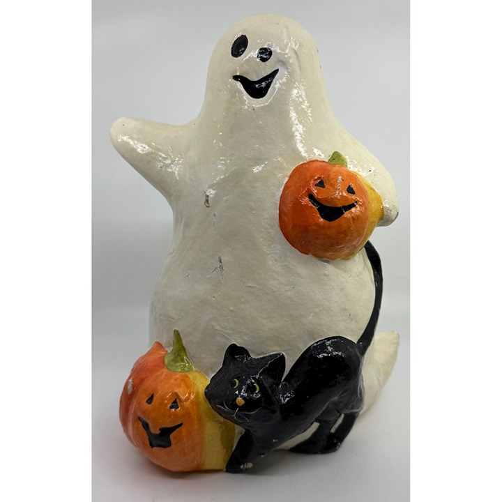Vintage Paper Mache Halloween Ghost Figurine Pumpkins & Black Cat 12” x 9.5”x 7”