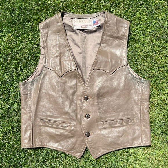 VTG Distressed Schott Rancher Leather Western Vest Taupe Button Front Cowboy XL