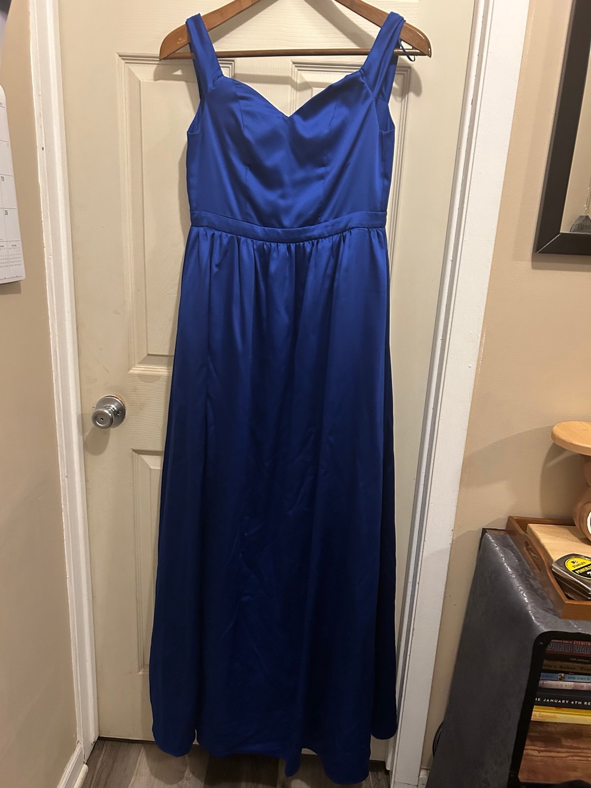 Blue satin off the shoulder maxi dress