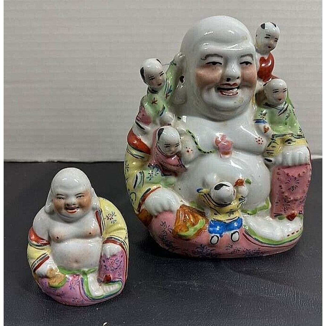 Chinese Porcelain Laughing Happy Buddha With 5 Children 7.5 T + Bonus Budda 6
