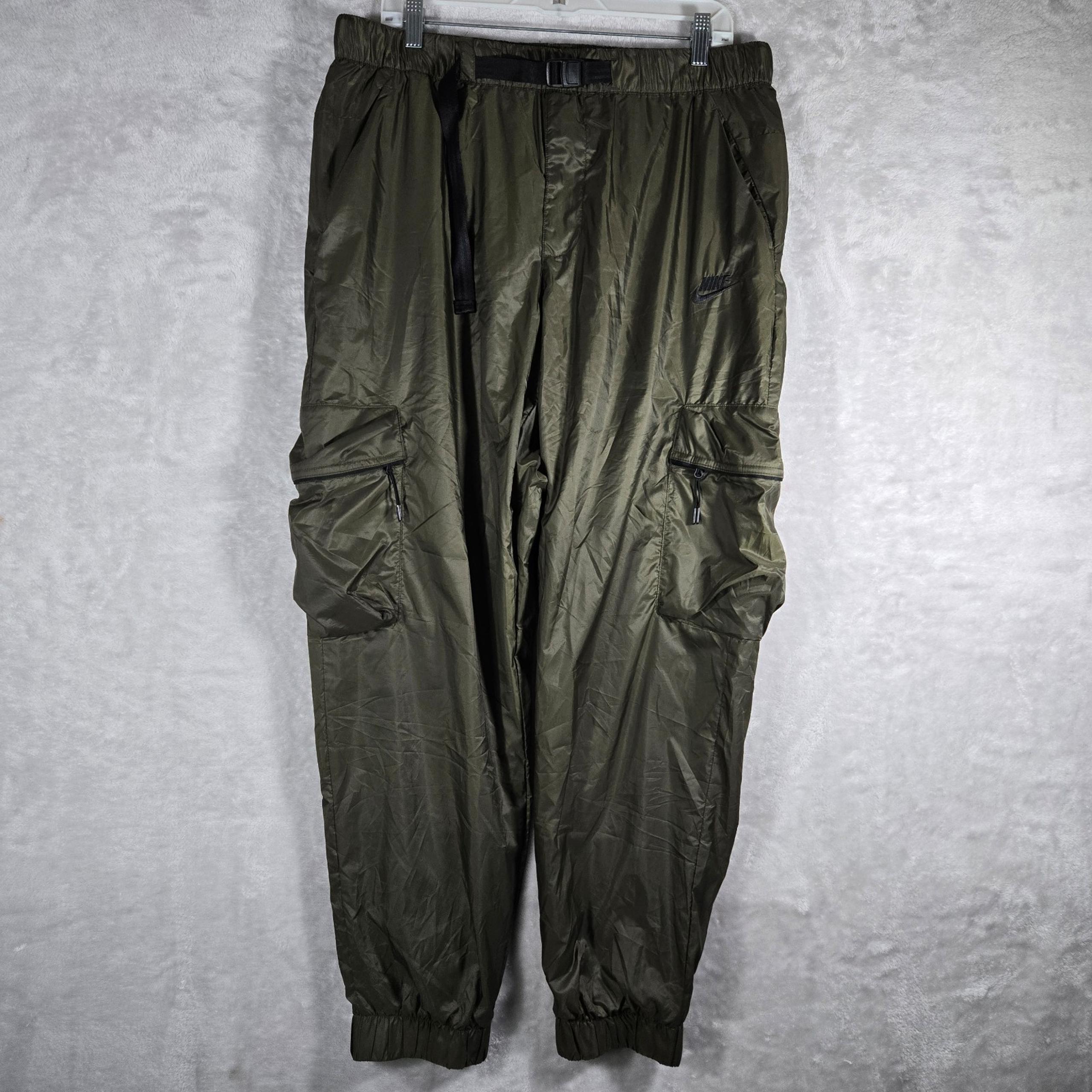 Nike Tech Lined Woven Pants Mens Size L Large Green Baggy Wide Cargo Belted 30"