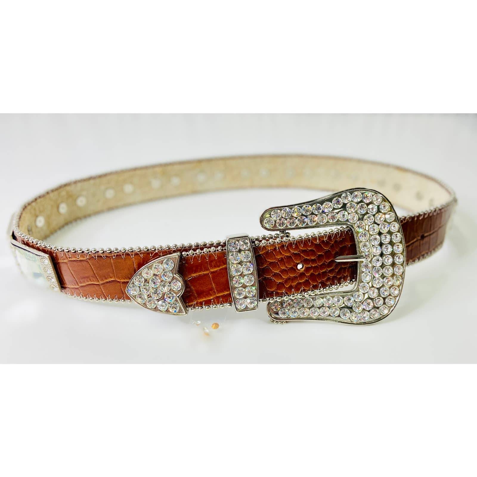 Lots Of Bling Large Buckle Women's Brown Genuine Leather Belt Size Small 31 NWT