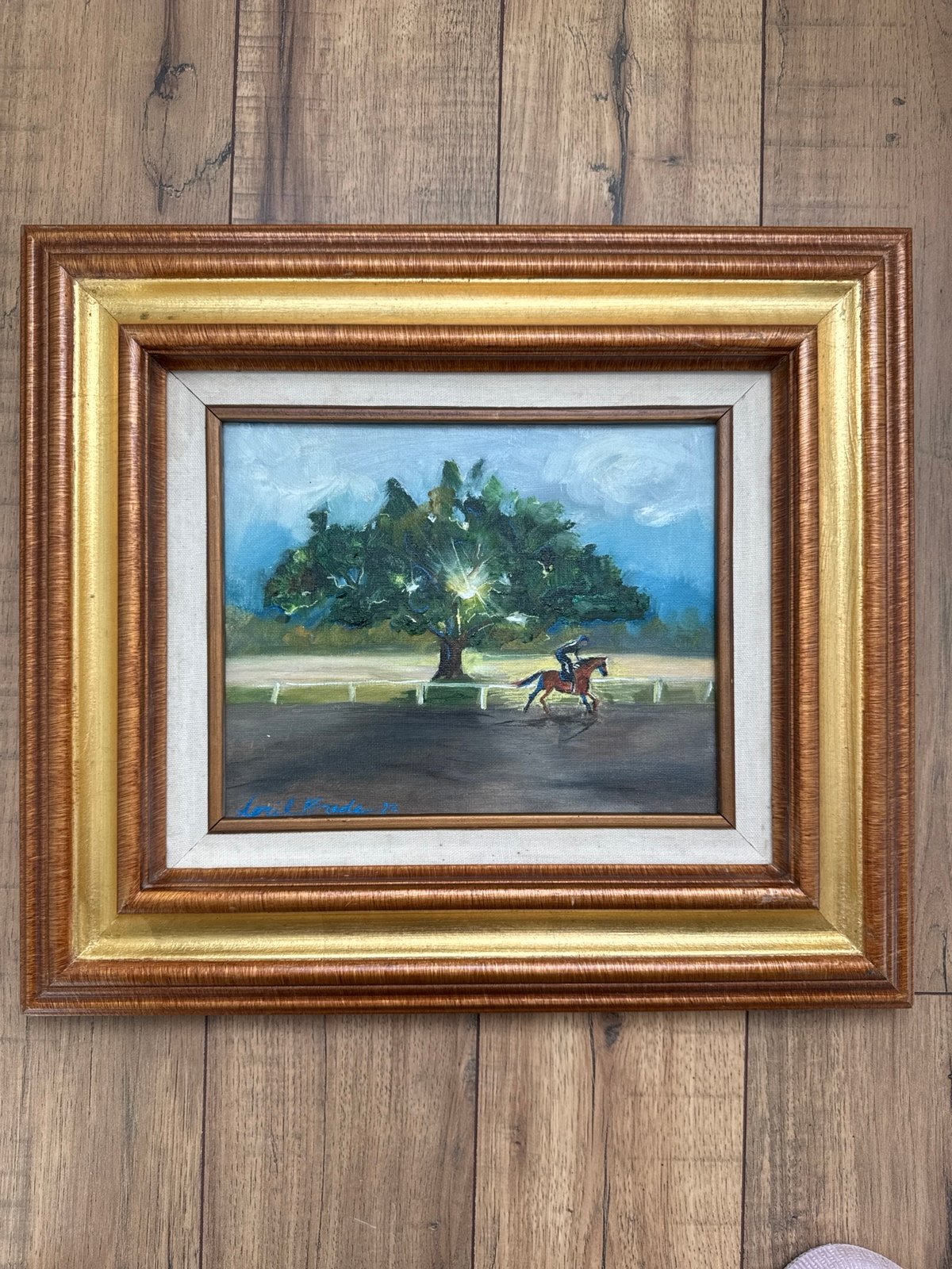 racehorse warm-up. Original oil painting of morning racehorse warm-up EQUESTRIAN
