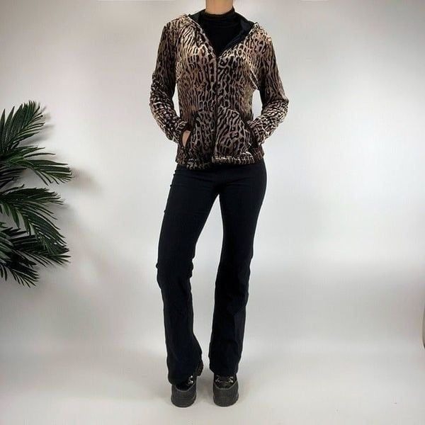 Vintage 90s Grunge Black Animal Print Indie Velvet Hoodie Jacket / Size: Small