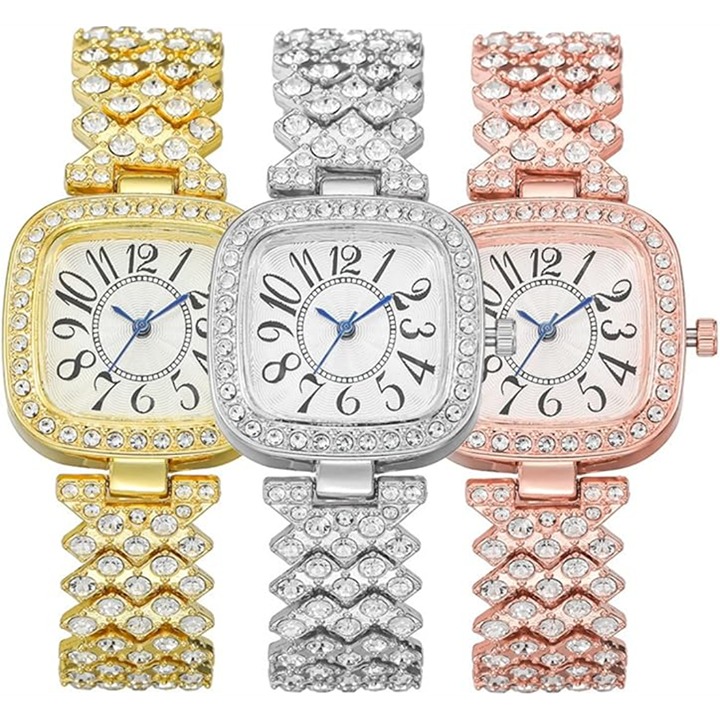 Classic Ladies Square Watches with Blue Hands Digital Watch Quartz 3Pack Wristwa