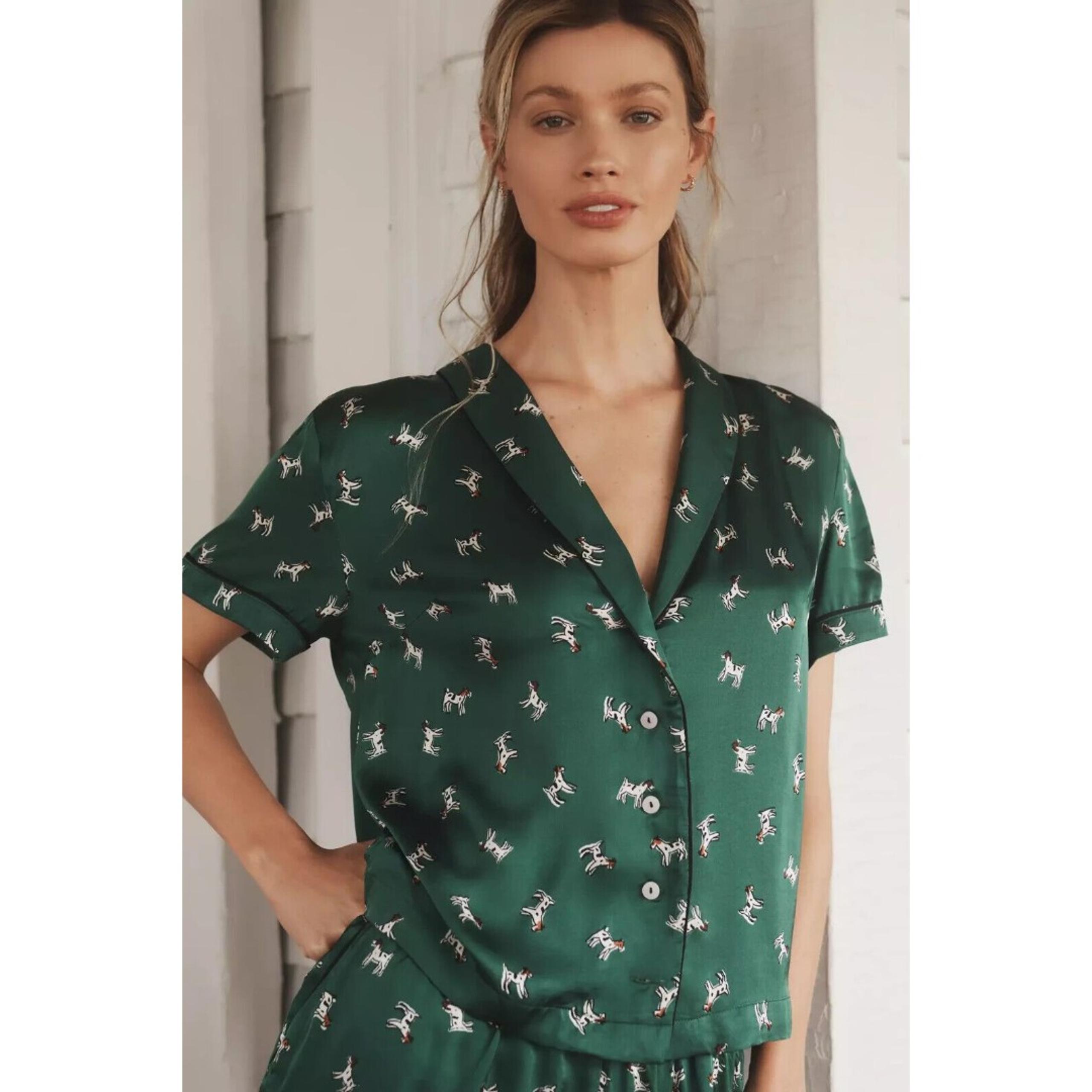ANTHROPOLOGIE Pajama Top Women's Size Small Short-Sleeve Green Dogs NWT NEW