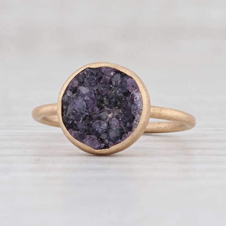 New Nina Nguyen Amethyst Druzy Ring Brushed 18k Yellow Gold Size 7 Solitaire