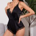 Black Satin Contrast Lace Ruch Bodysuit lingerie set L1