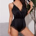 Black Satin Contrast Lace Ruch Bodysuit lingerie set L1
