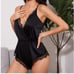 Black Satin Contrast Lace Ruch Bodysuit lingerie set L1