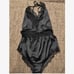 Black Satin Contrast Lace Ruch Bodysuit lingerie set L1