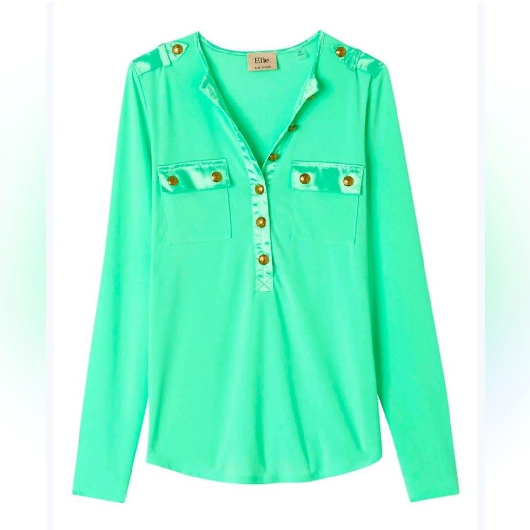 Elie Tahari Women Shirt Green XS Long Sleeve Stretch Satin TrimInterlock Yarn