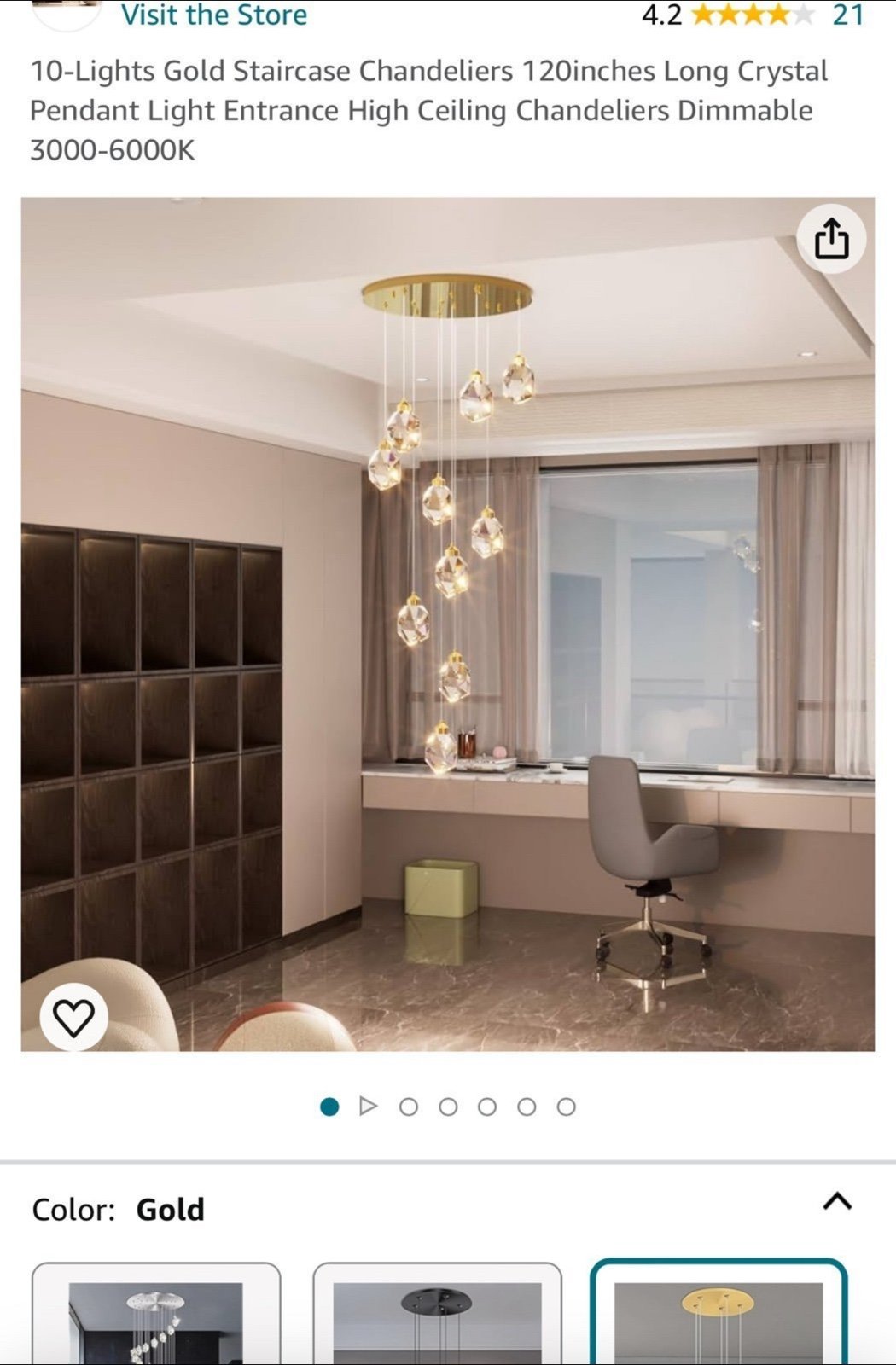 Gold Crystal Chandelier - 10-Light Modern Pendant Light, Dimmable, Adjustable