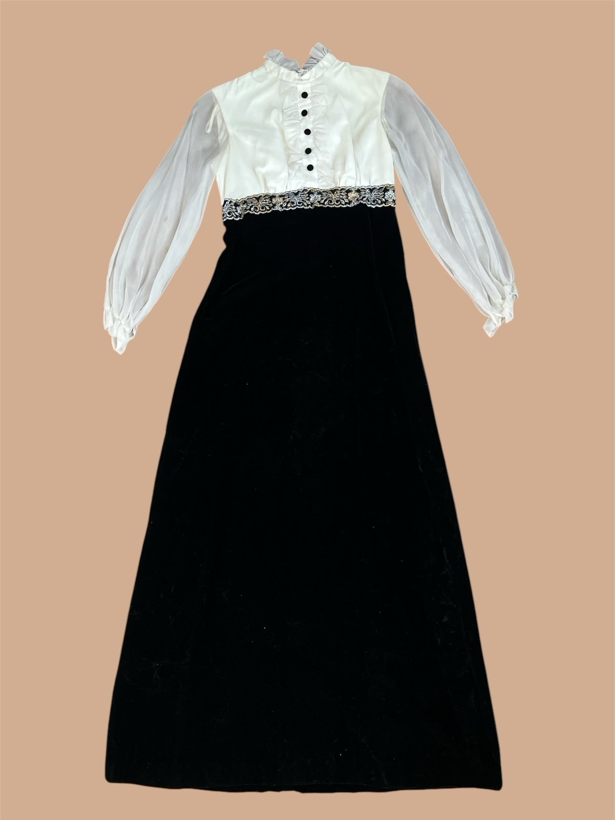 Vintage Black Velvet Maxi Dress Sheer Sleeves Lace Trim Size Small