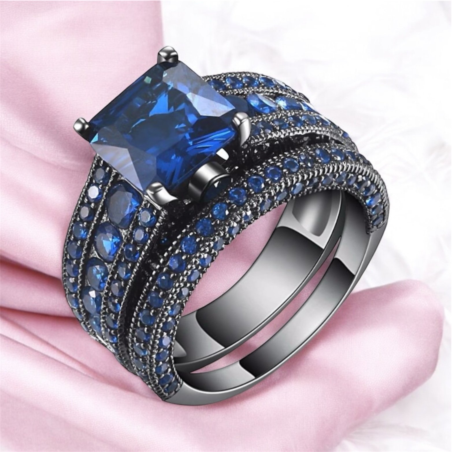 Castillna Black Sterling Silver Princess Cut Created Blue Sapphire EngagementSet