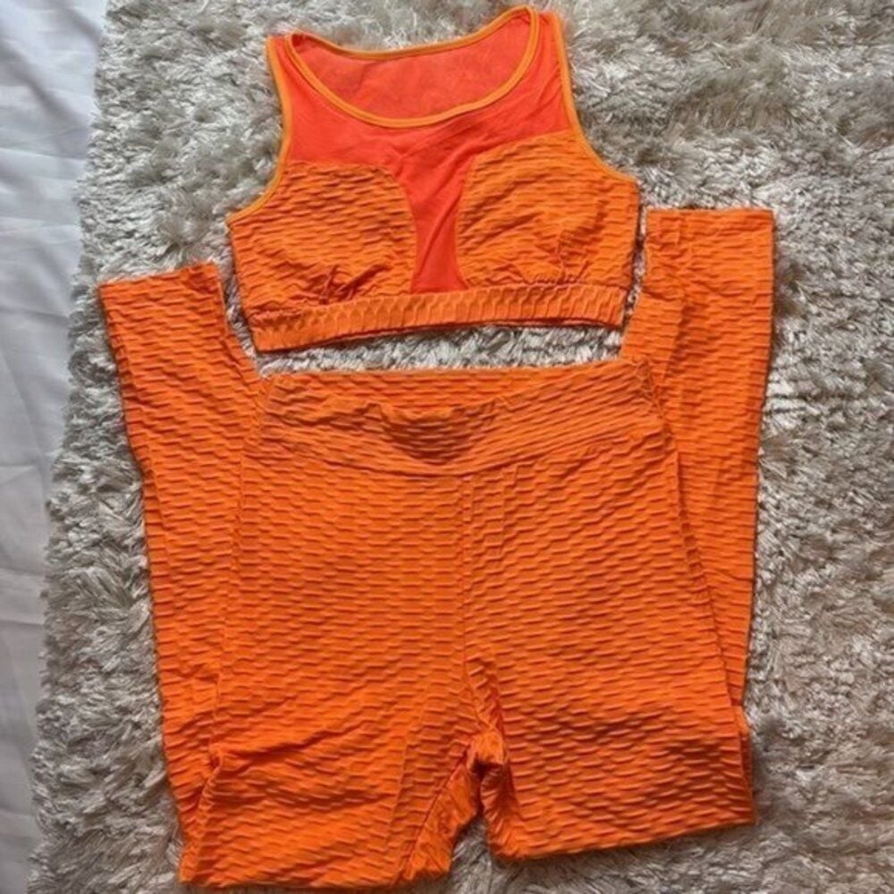 Peachy Textured Mesh Legging & Sport Bra Set Stylish & Functional Activewear L