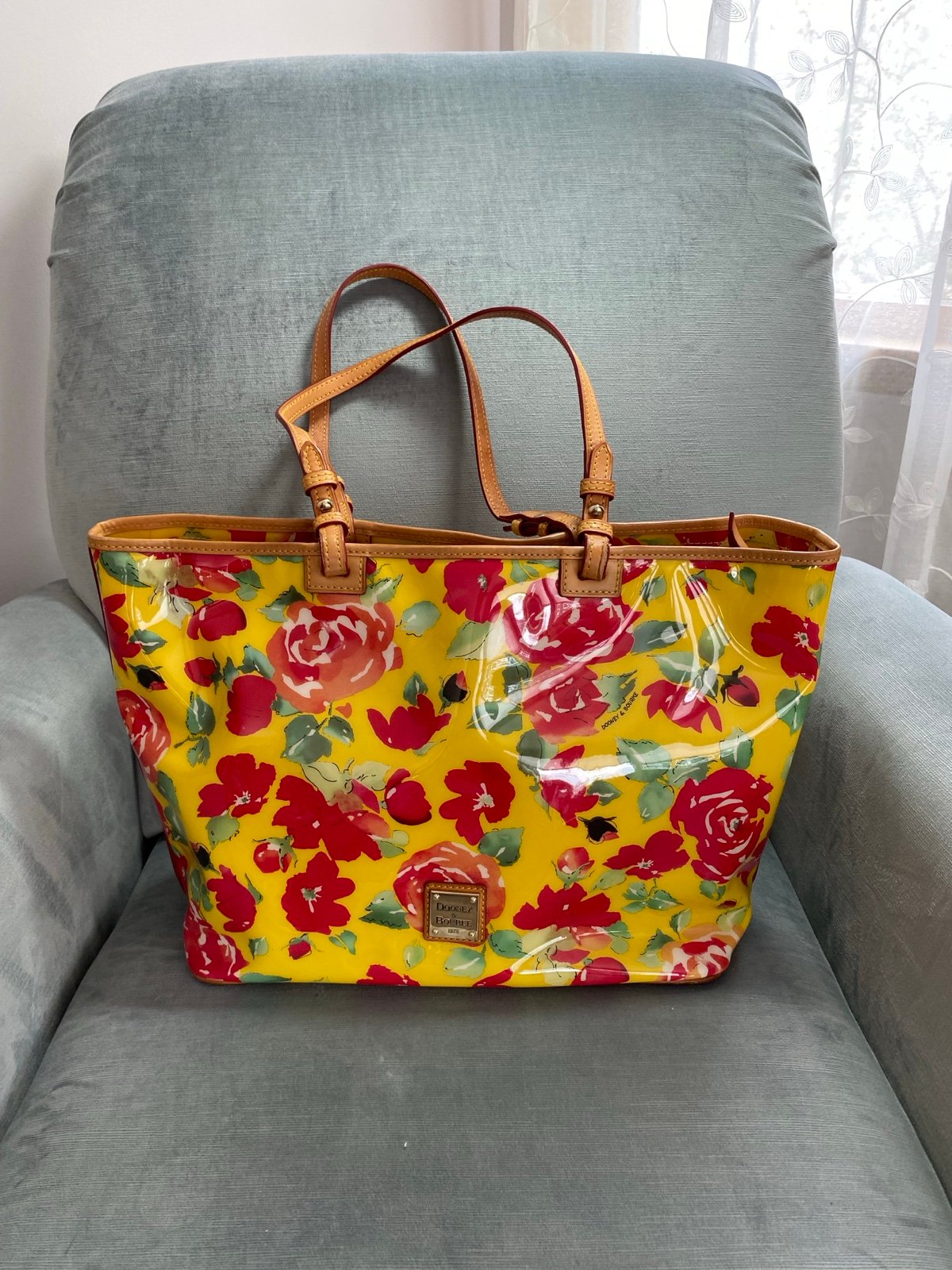 Dooney & Bourke Floral Yellow Tote Bag,vinyl and leather EUC, 11.5”x18.5”x6.5”