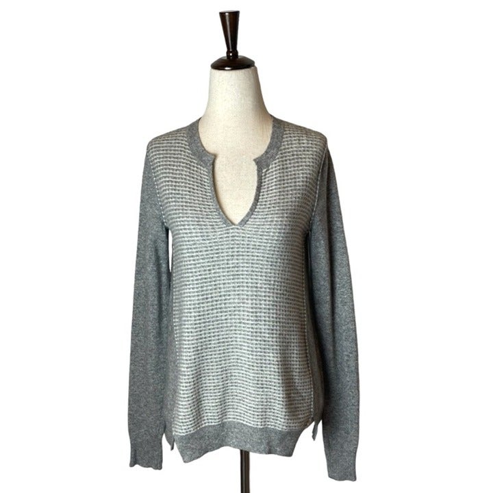 Rebecca Taylor Gray Cashmere Wool Blend Split V-Neck Waffle Knit Sweater Size XS