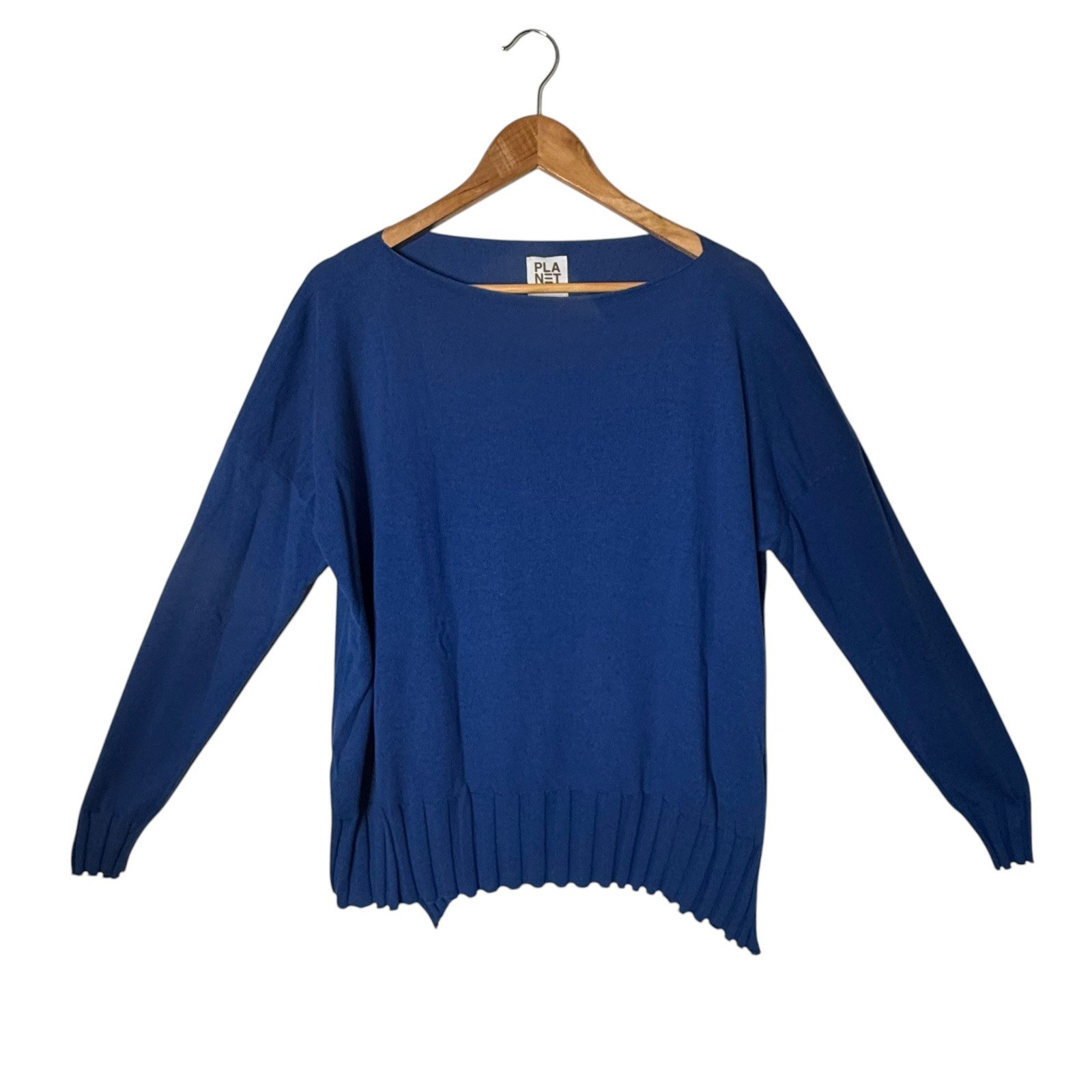 Planet by Lauren G Boatneck Rib Sweater One Size Blue Pima Cotton Pleated 288