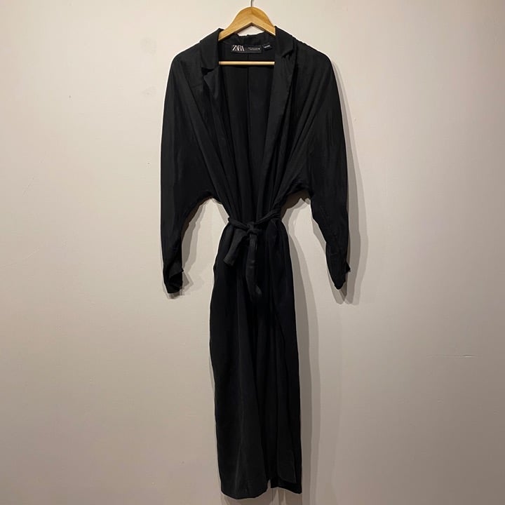 Zara Fillsens Black Collared Open Front Waist Tie Light Weight Trench Coat