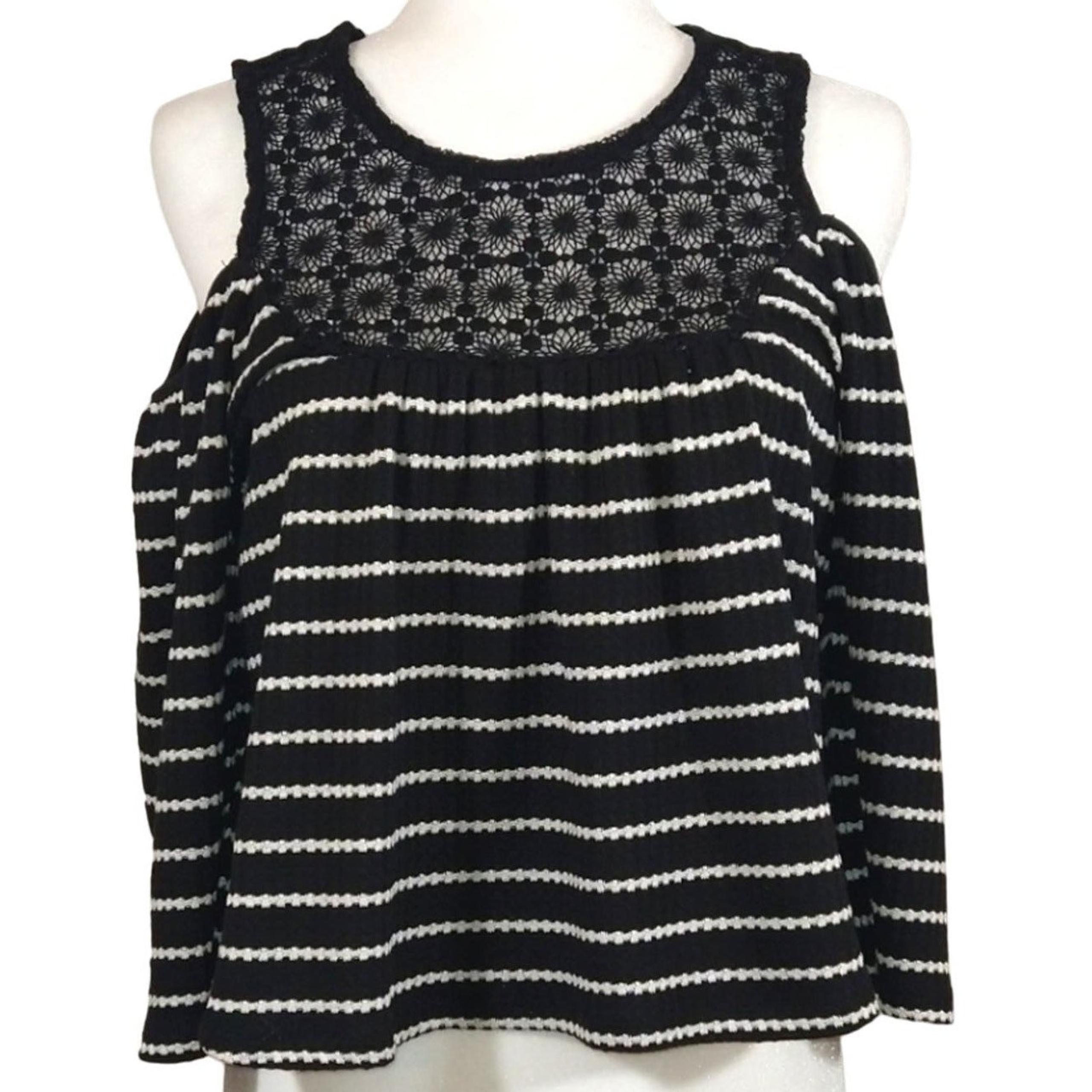 F Romeo & Juliet Couture Stripe Crochet Lace Waffle Knit Cold Shoulder Top NWT S
