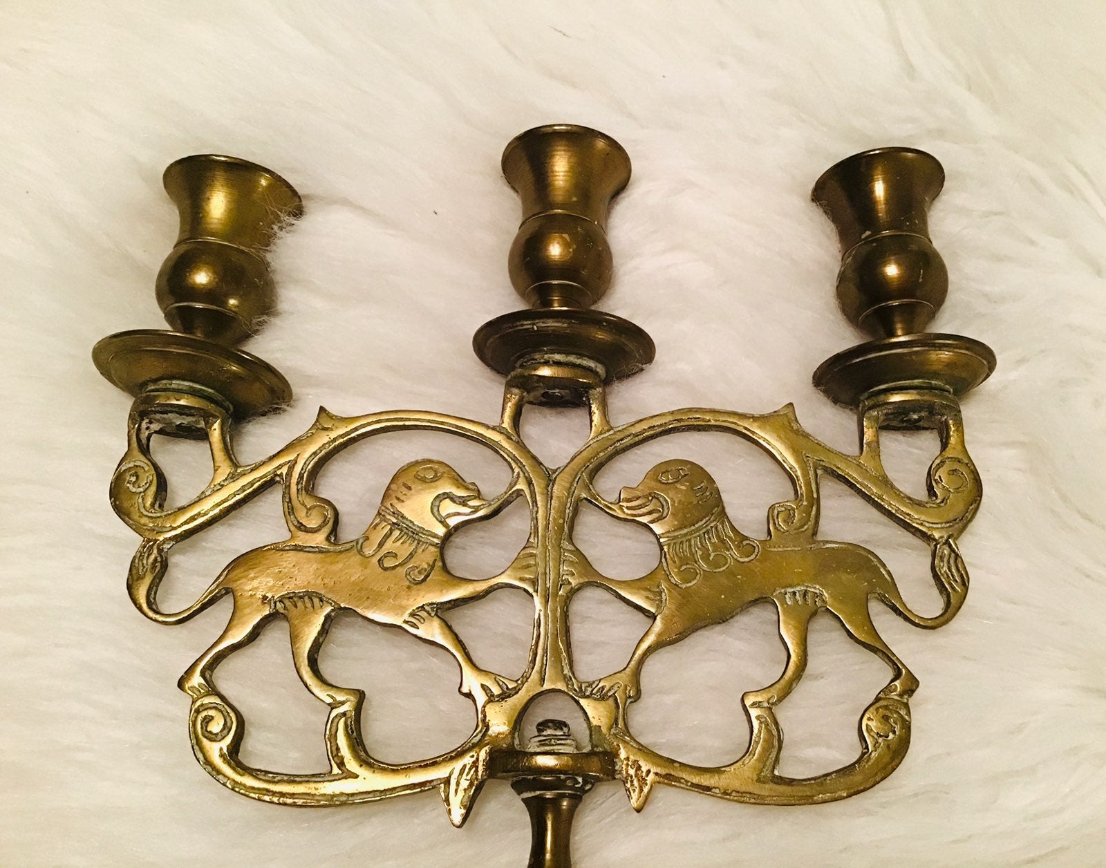 Brass Three Arm Lion Candelabra