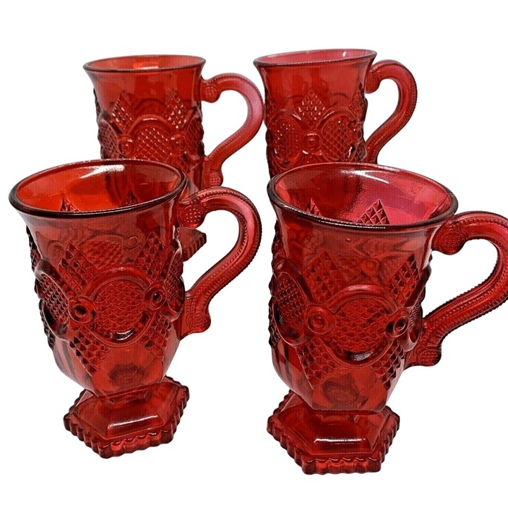 Avon 1876 Cape Cod Red Pedestal Mugs Tea Glasses Vintage Set of Four