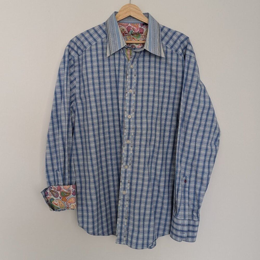 Robert Graham Men's Blue Plaid Western Button Up Long Sleeve Shirt sz XL