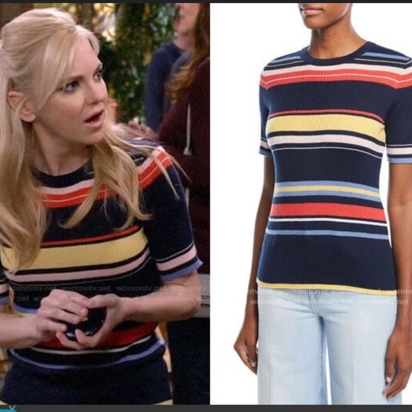 Frame Size Large Multi Colored Wool Blend Stripe Ribbed Short Sleeve Knit Top