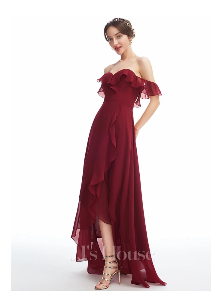 A line off the shoulder dress with asymmetrical chiffon dress with ruffles