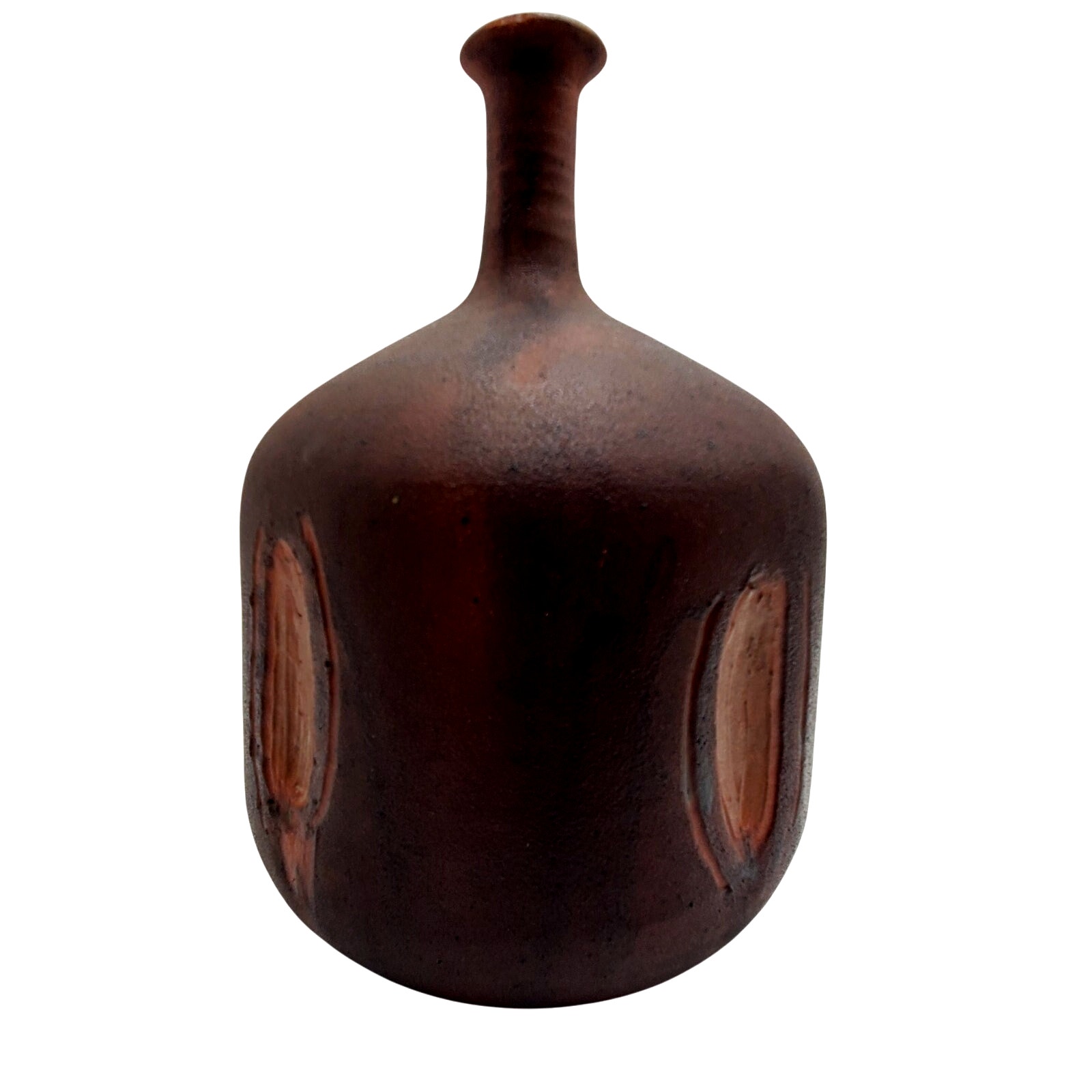 Modernist Ceramic Bottle Neck Vase Scandinavian Brown Signed Pottery Denise 1977