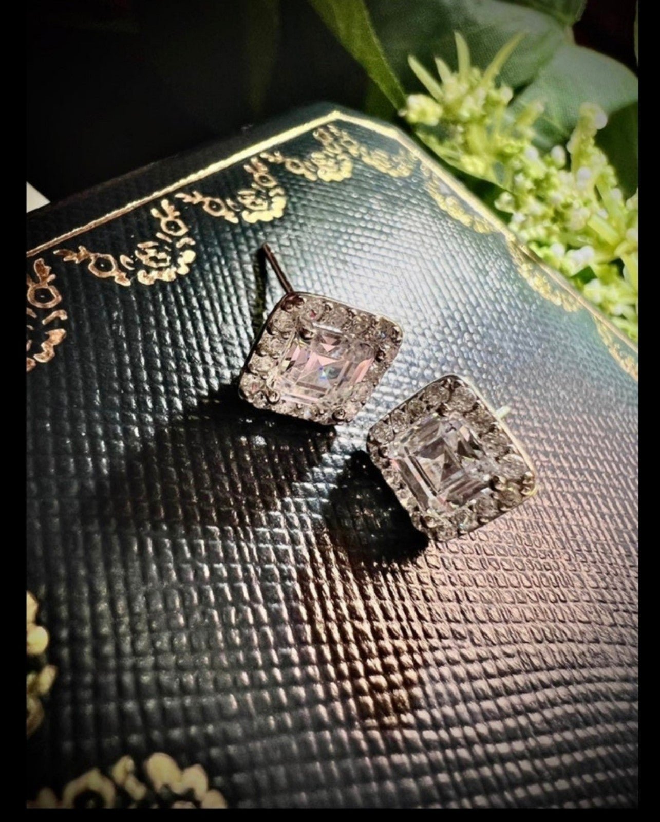 Asscher-cut Halo Stud Earrings Platinum over 925 Silver