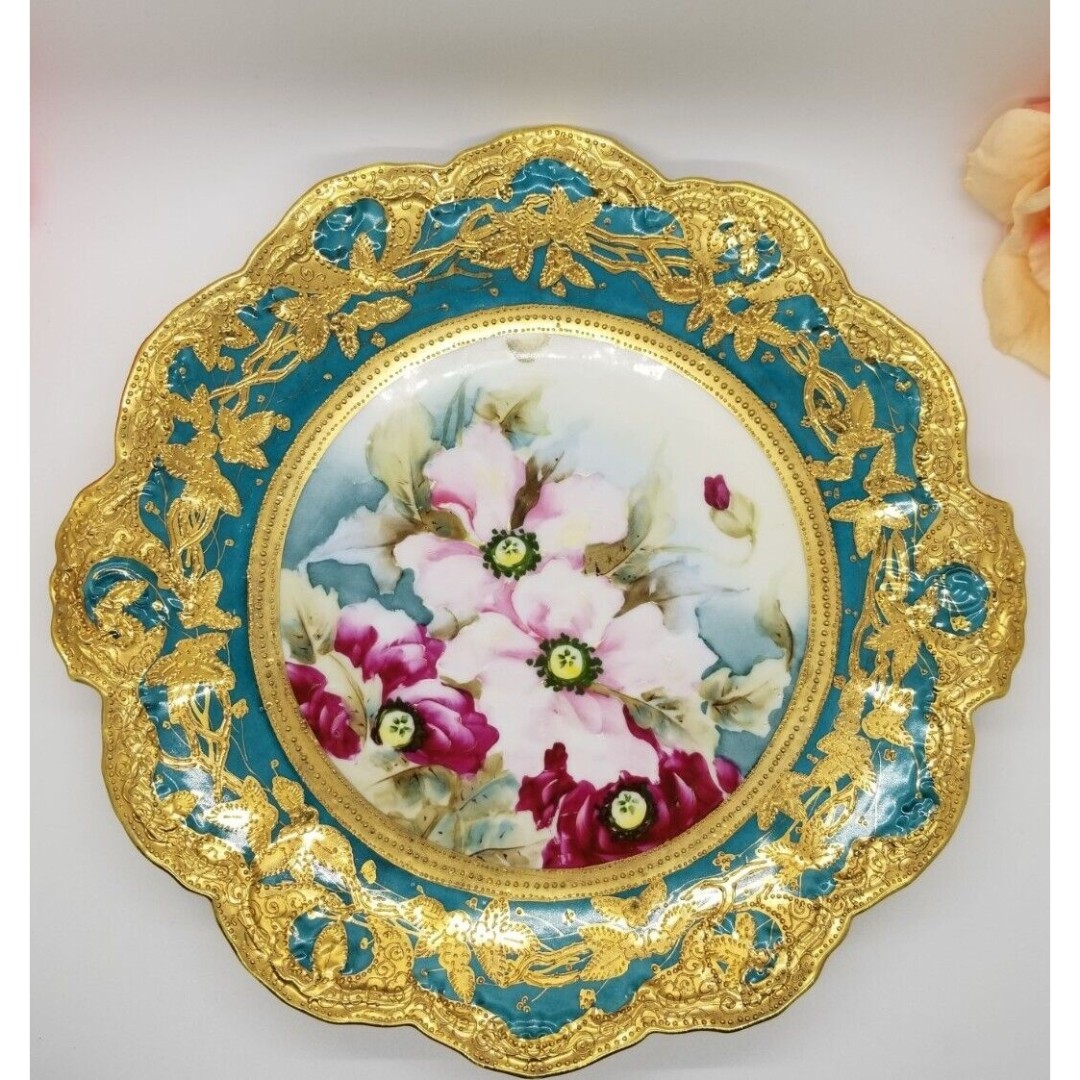 RARE Antique Gorgeous Hand Painted Gold Gilt Jewelled Floral Teal Cabinet Plate