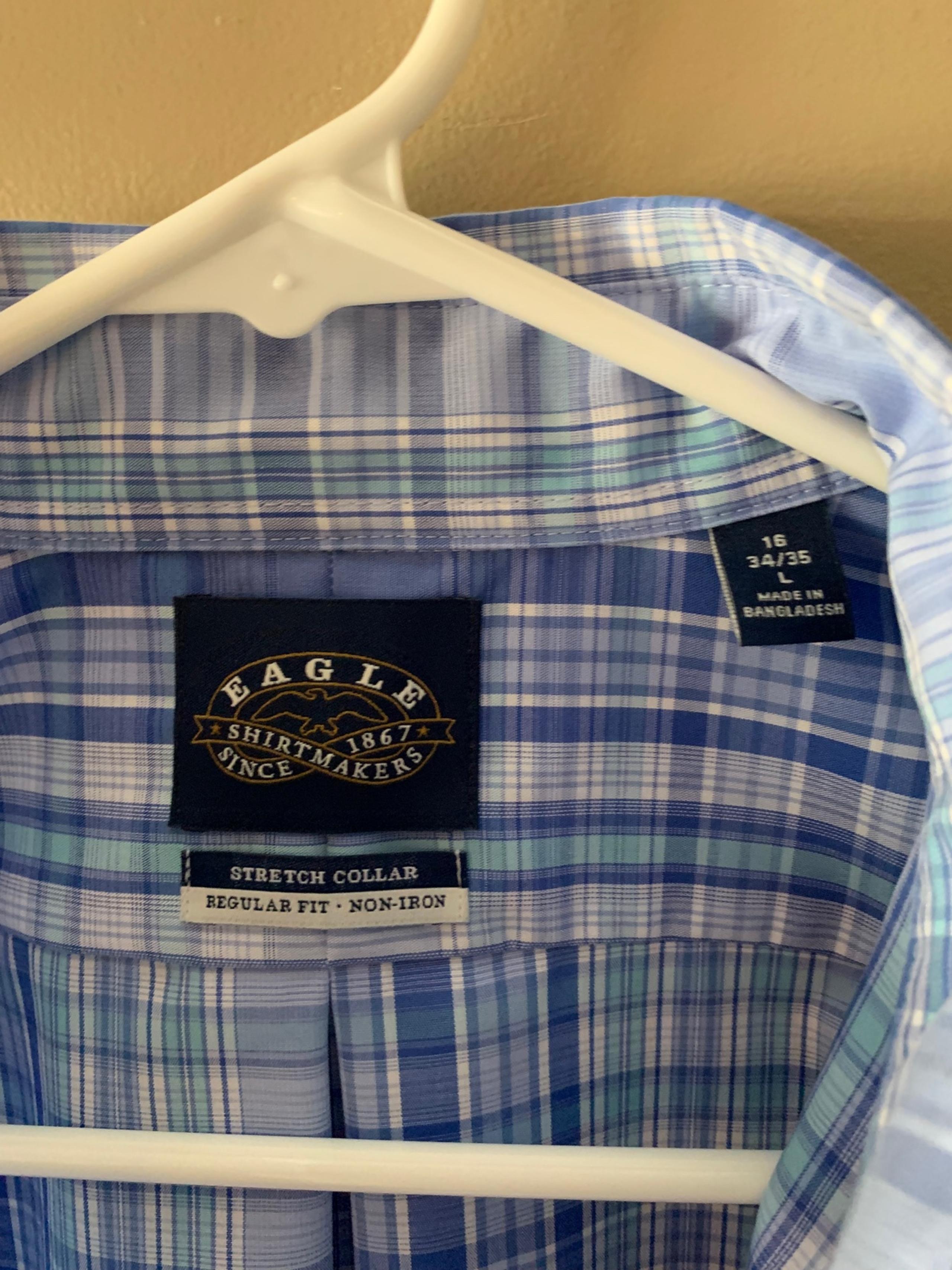 mens dress shirt, eagle shirt-makers  large  no iron,  stretch collar  regular