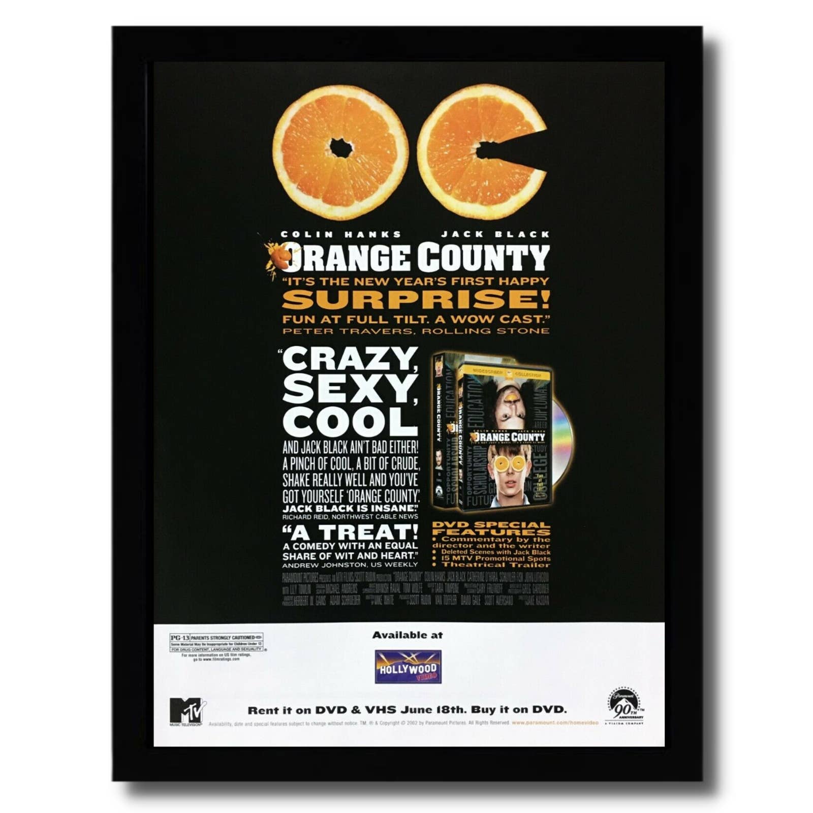 2002 OC Orange County Framed Print Ad/Poster Jack Black Hanks VHS/DVD Movie Art