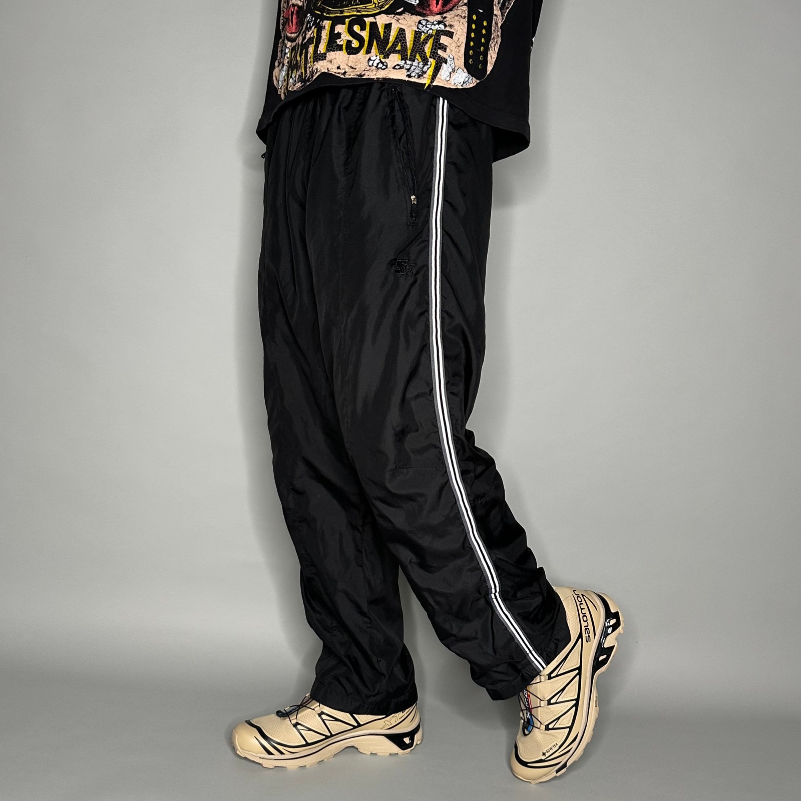 Vintage Starter Track Pants Jet Black Polyester Sweatpants White Baggy Y2K