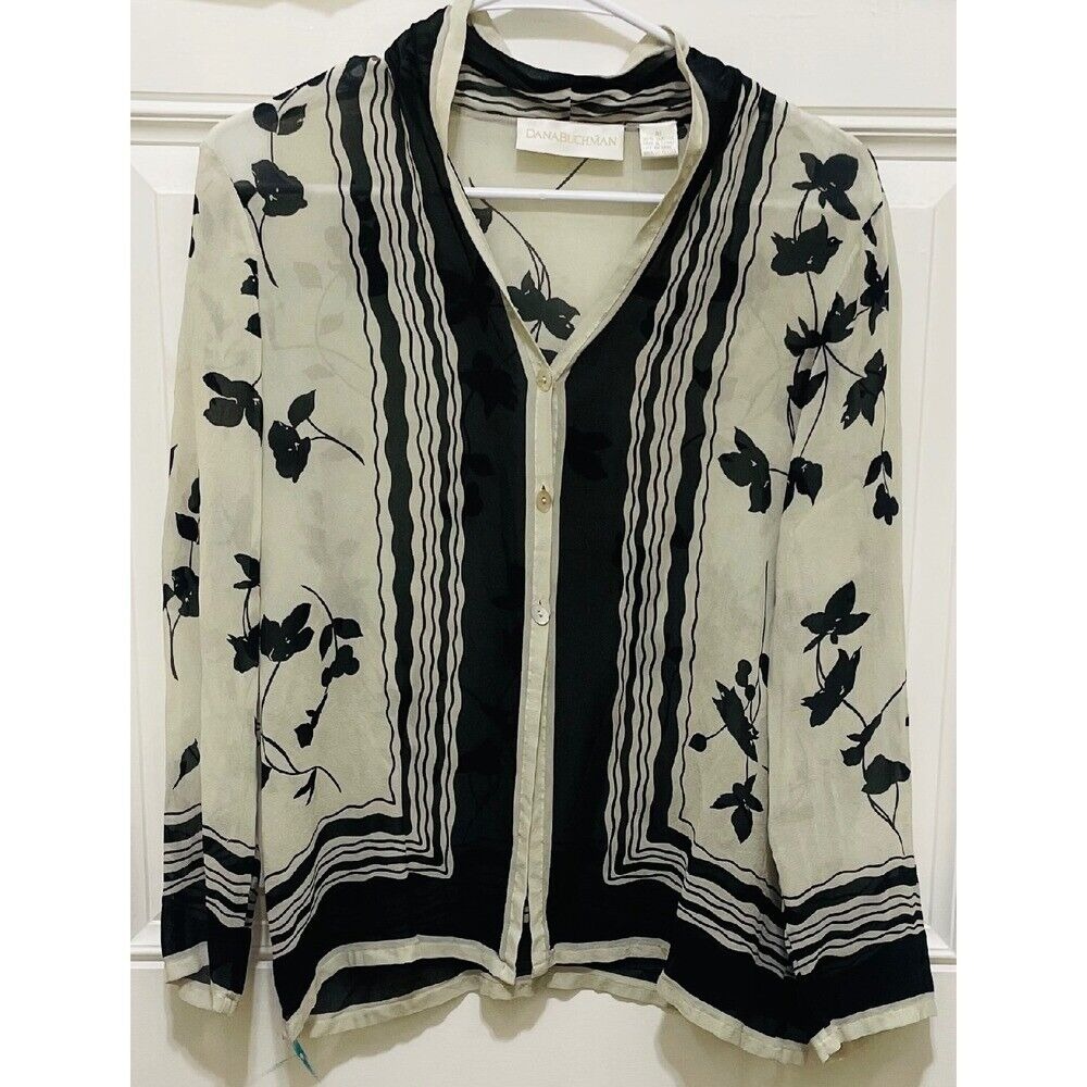 Dana Buchman Floral Blouse Silk Button Down Long Sleeve Top Black Ivory 4