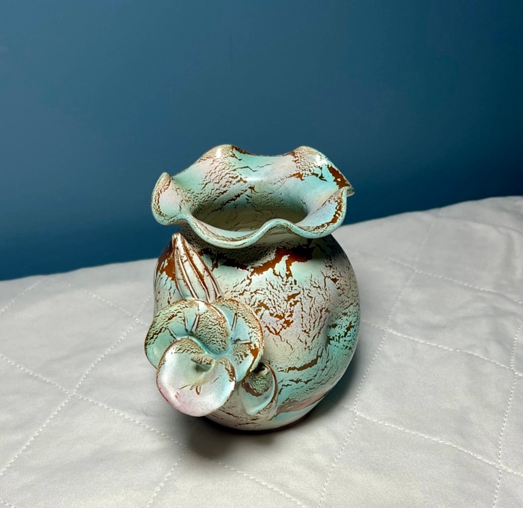 VTG Redware Pottery Vase Crackle Finish Flower Relief Hand Thrown Hand Painted