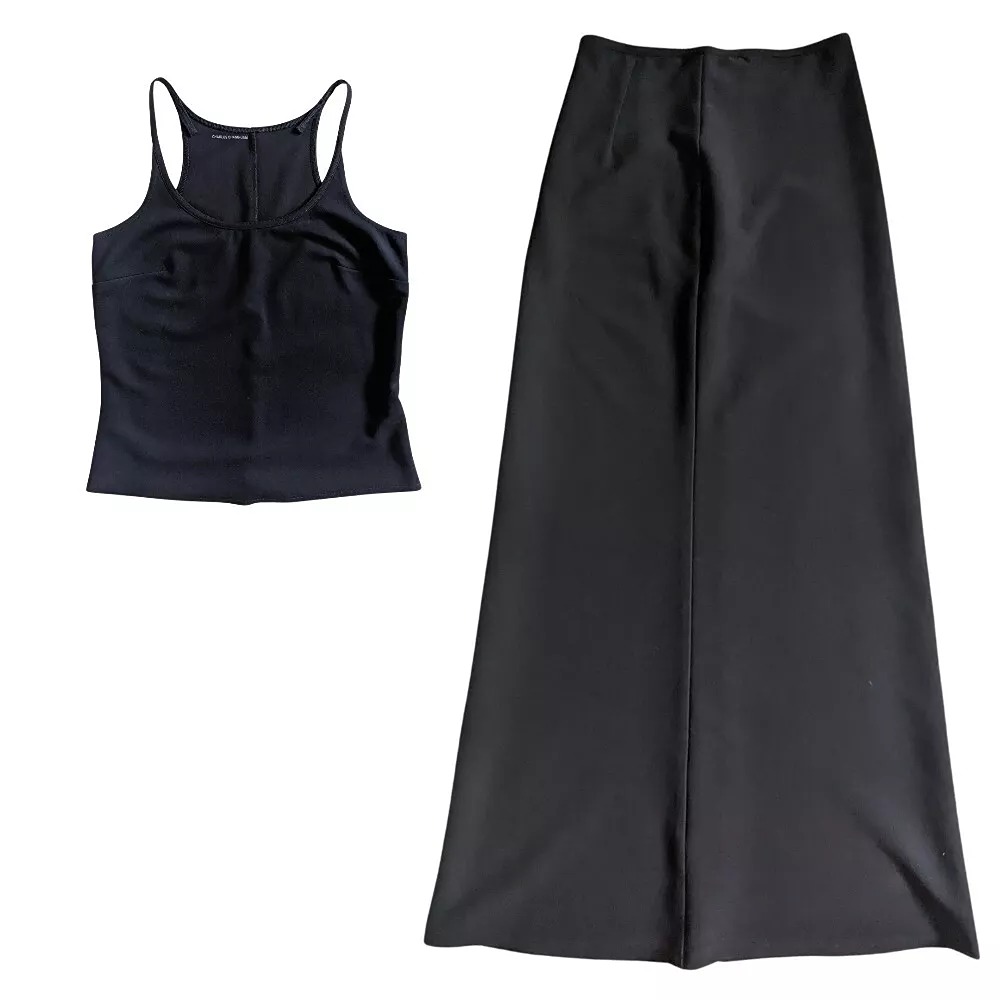 Charles Chang-Lima Womens Black Maxi Skirt Tank Top Blouse Suit Set Size 4 Rayon