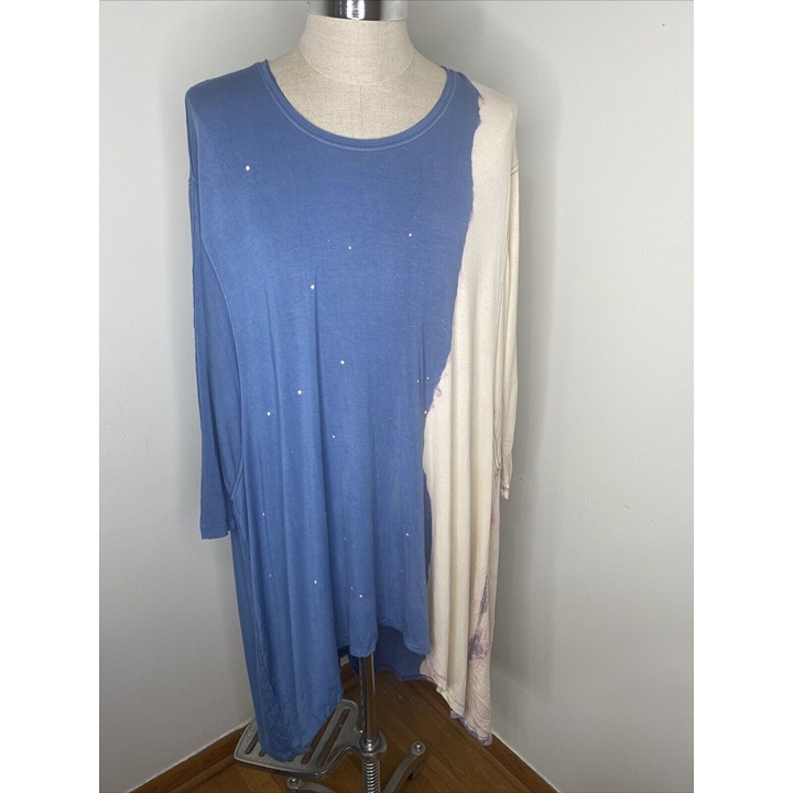 We The Free Blue Maxi Dress Sz XS Tye Dye Oversized Asymmetrical 3/4 Sleeve
