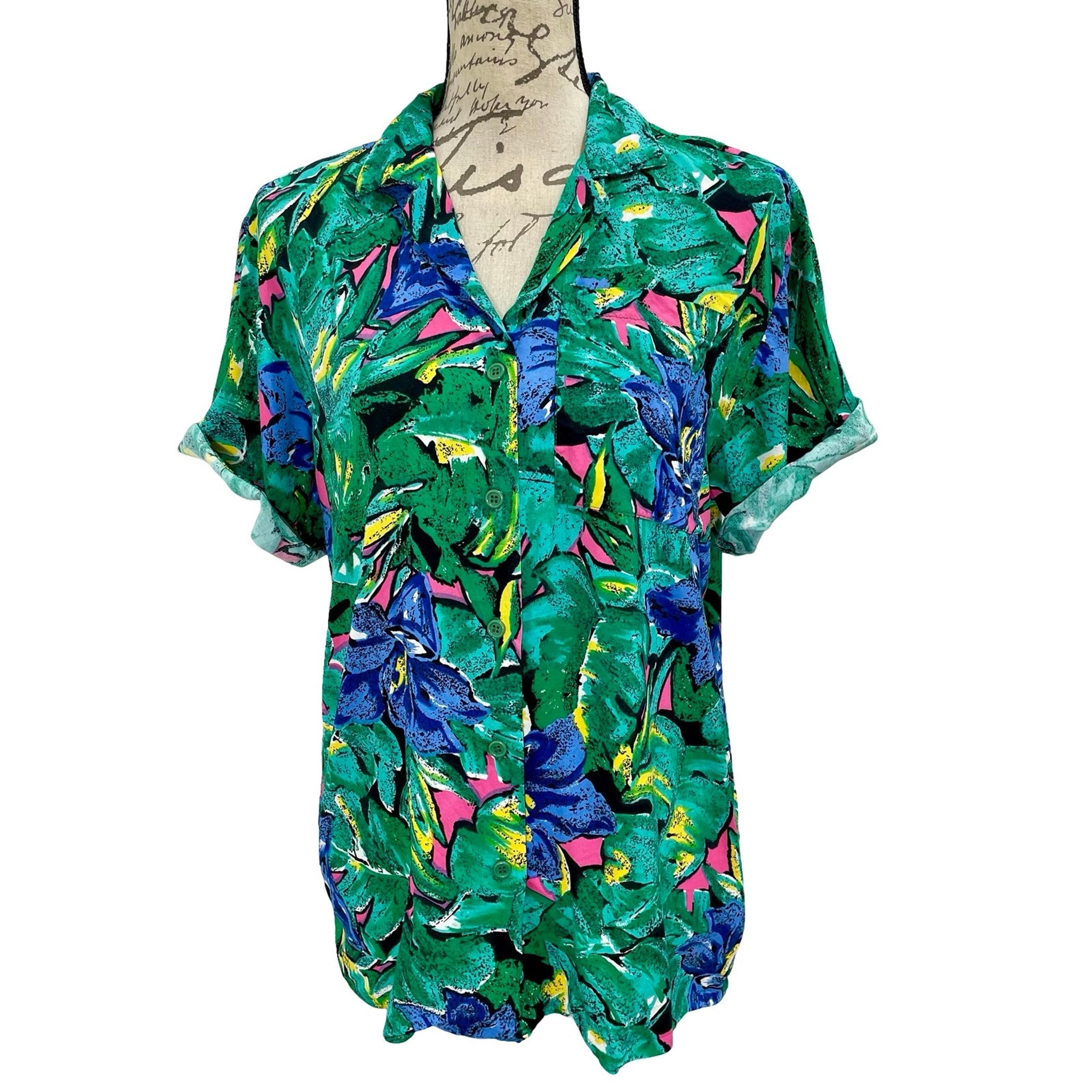 Vintage 90s Women's JAFF Floral Green Floral Button Up Top - Size Large