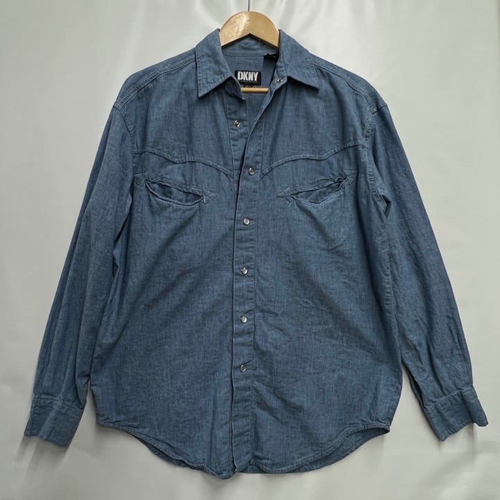 VNTG Men's DKNY Big sz S Denim Western Shirt Pearl Snap Buttons Sliced Pockets