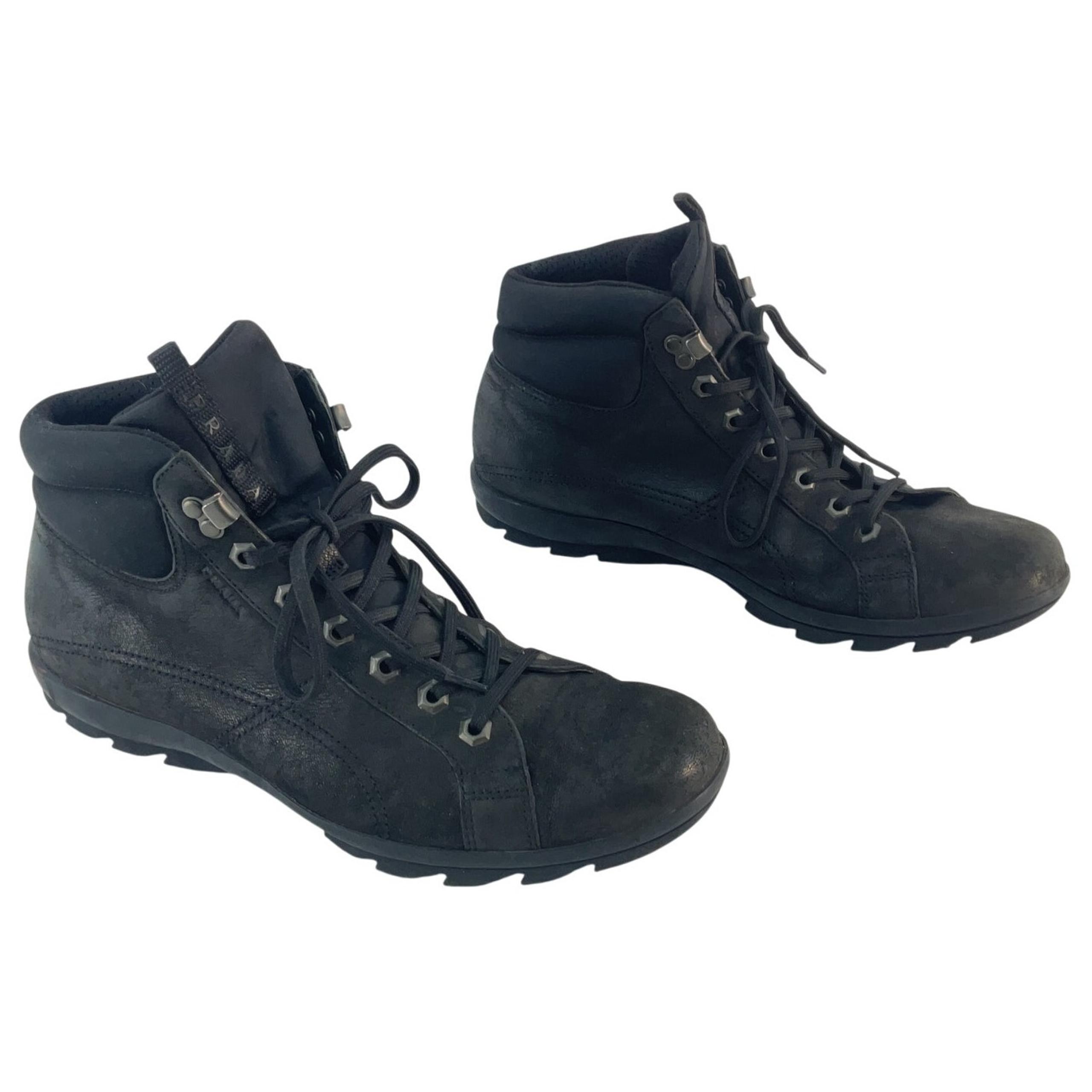 PRADA Black Leather Lug Sole Hiking Trail Boots Men’s Size 8 Preowned