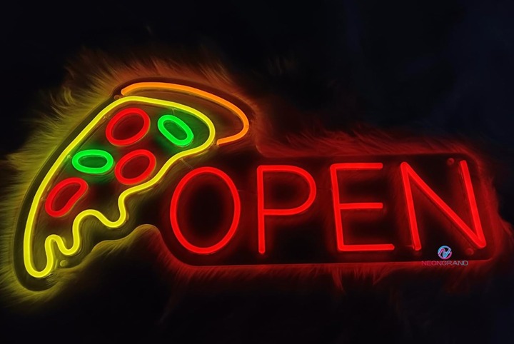Large Vivid Bright Red / Yellow Pepperoni Pizza OPEN Sign Light Restaurant Decor