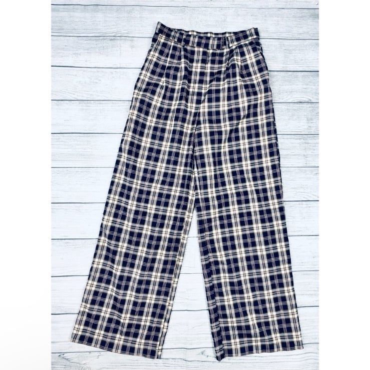 &merci neutral tone plaid pleated high waist wide leg pants size large