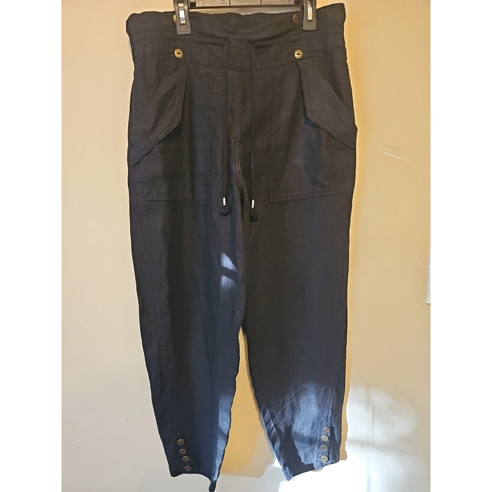 Wrap London Baggy Linen Black Pants SZ 10 Elastic Drawstring Waist