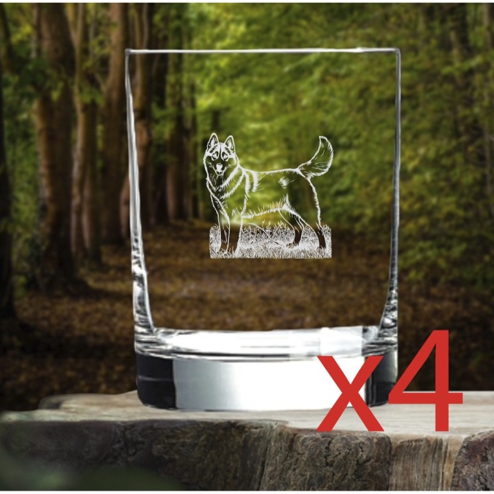 Husky Whiskey Glasses x4 Double 14 Oz Premium Old Fashioned Dog Animal Gift NEW