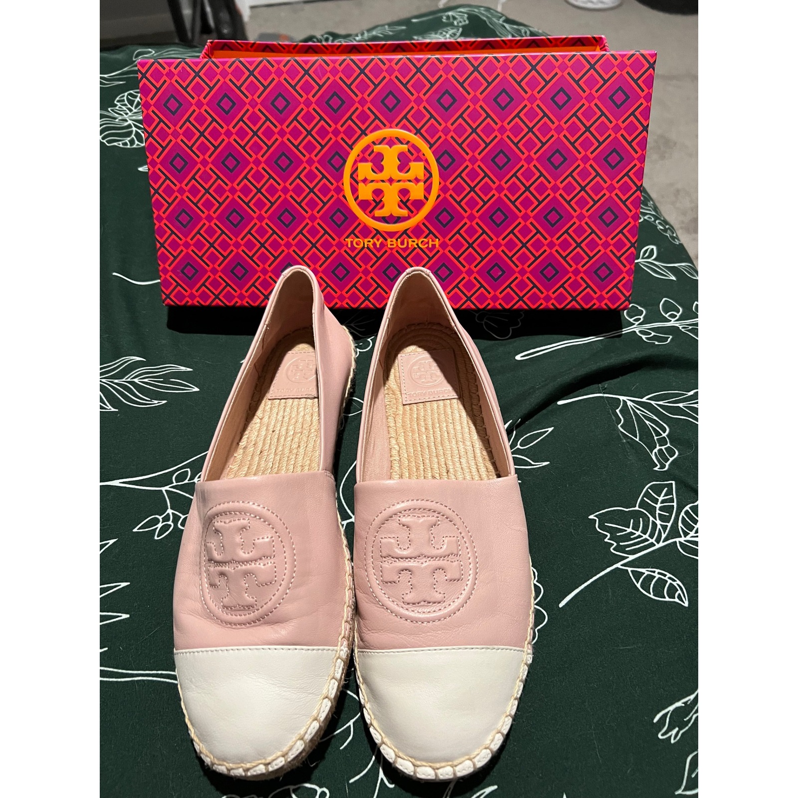 Tory Burch Benton Color Block Espadrille Pink/New Ivory Nappa Leather - Size 8.5