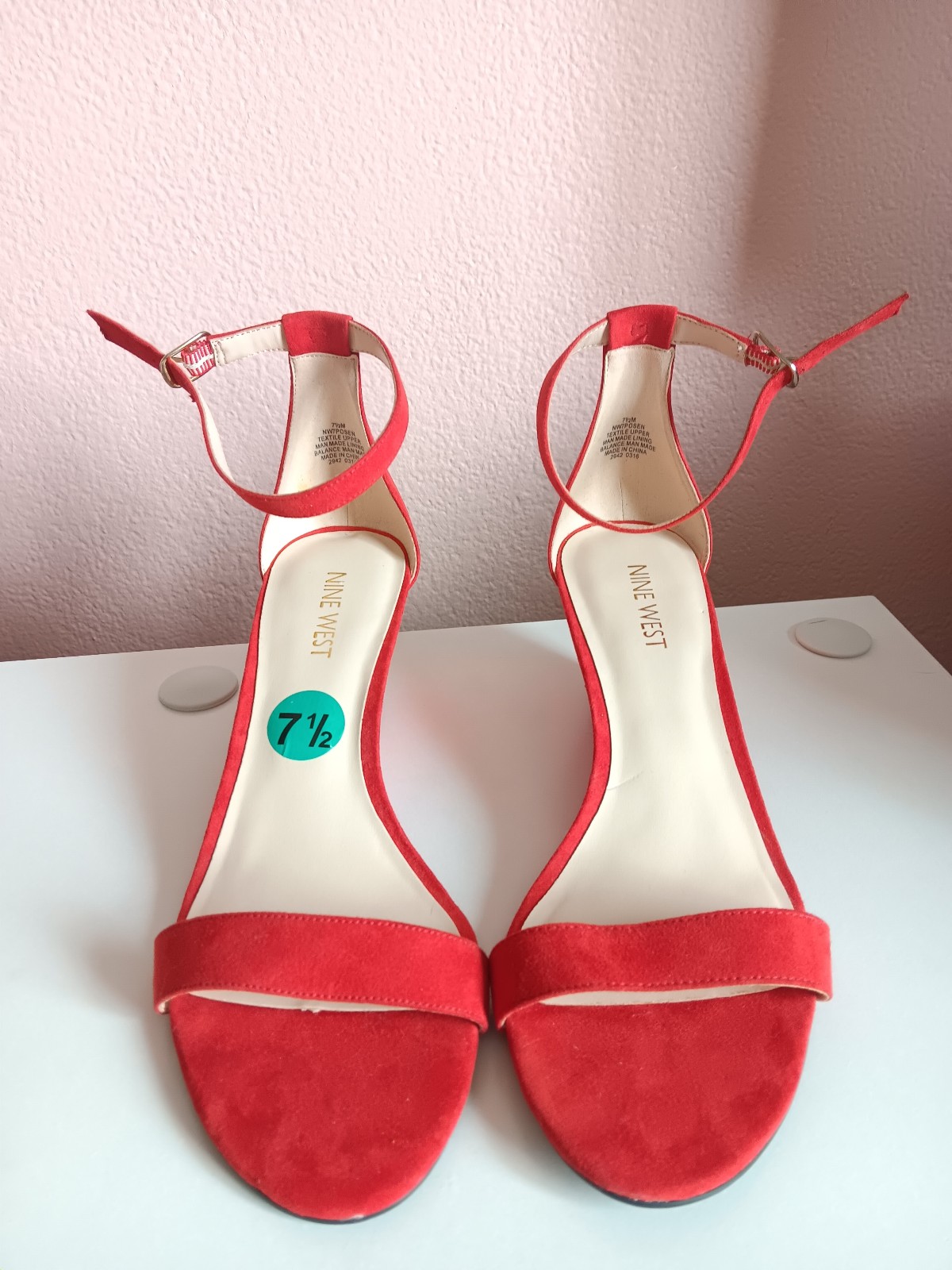 Nine West Red Suede Heels Women's Size 7.5 Ankle Strap Wedge Small Heel NEW