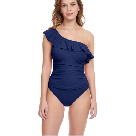 New! Profile By Gottex Tutti Frutti Ruffle One Shoulder Navy One Piece Swimsuit